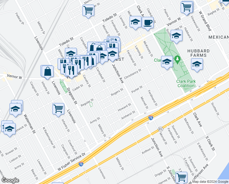 map of restaurants, bars, coffee shops, grocery stores, and more near 1429 Campbell Street in Detroit