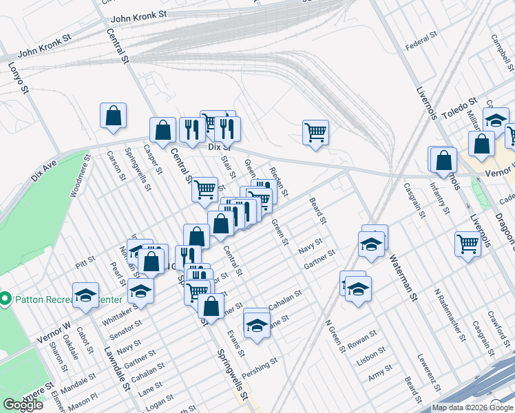 map of restaurants, bars, coffee shops, grocery stores, and more near 7424 Vernor Highway in Detroit