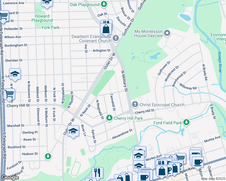 map of restaurants, bars, coffee shops, grocery stores, and more near 330 Tannahill Street in Dearborn