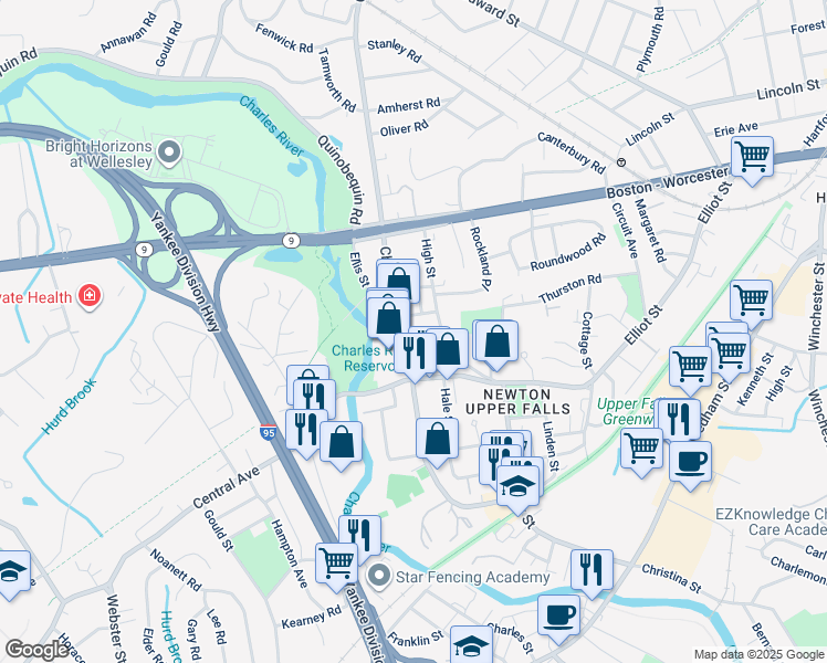 map of restaurants, bars, coffee shops, grocery stores, and more near 1046 Chestnut Street in Newton