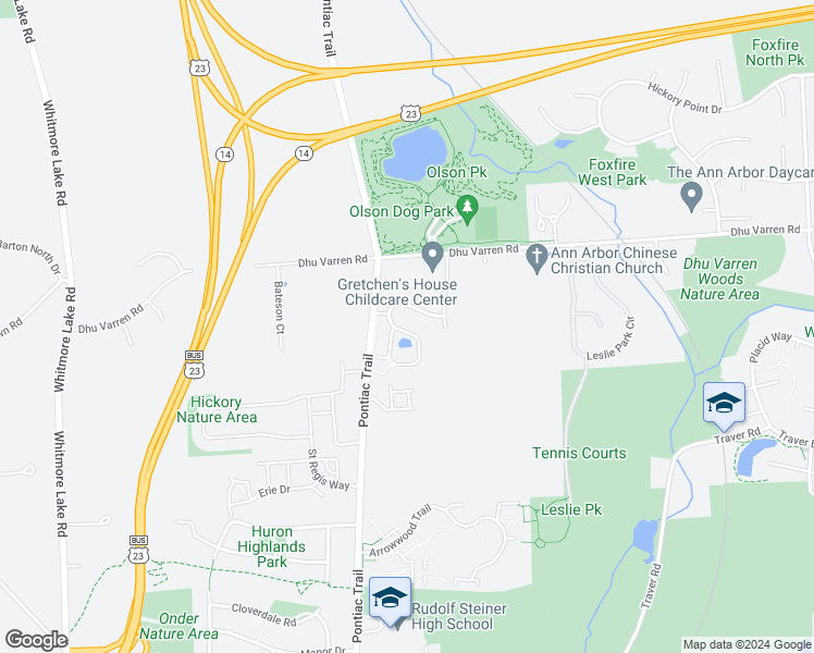 map of restaurants, bars, coffee shops, grocery stores, and more near 2846 South Knightsbridge Circle in Ann Arbor
