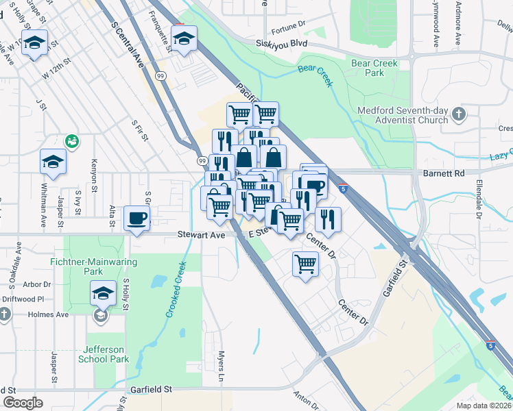 map of restaurants, bars, coffee shops, grocery stores, and more near 45 East Stewart Avenue in Medford