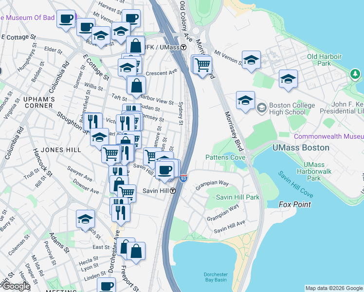 map of restaurants, bars, coffee shops, grocery stores, and more near 61 Sydney Street in Boston