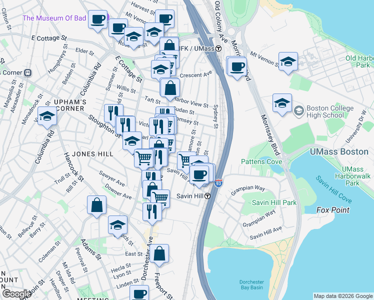 map of restaurants, bars, coffee shops, grocery stores, and more near 17 Sagamore Street in Boston