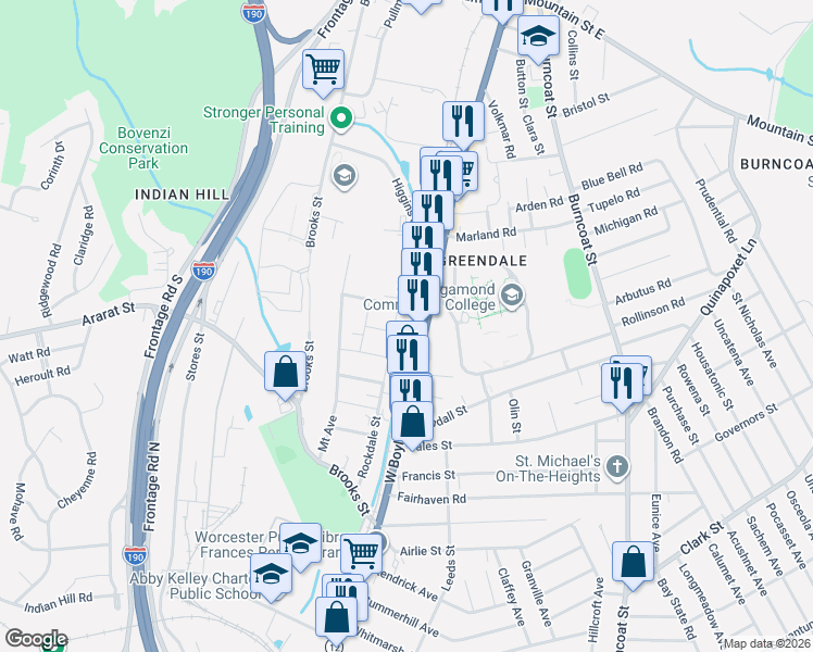 map of restaurants, bars, coffee shops, grocery stores, and more near in Worcester