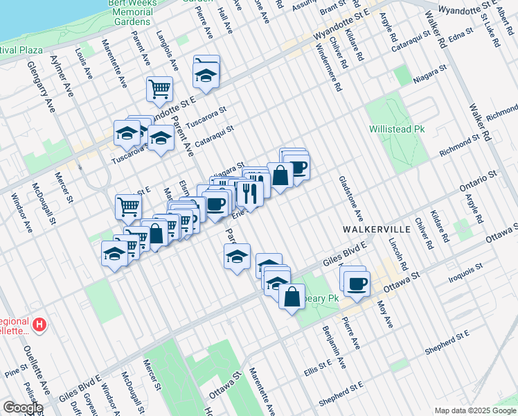 map of restaurants, bars, coffee shops, grocery stores, and more near 1043 Langlois Avenue in Windsor