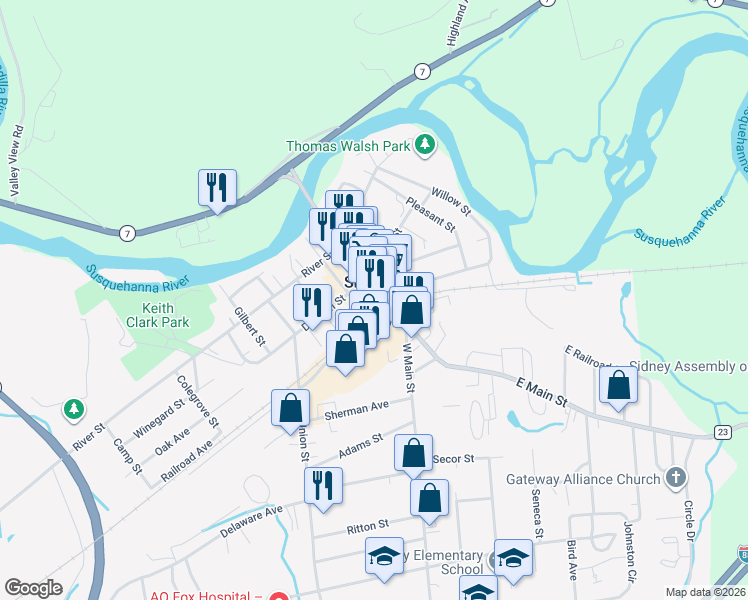 map of restaurants, bars, coffee shops, grocery stores, and more near 74 Main Street in Sidney