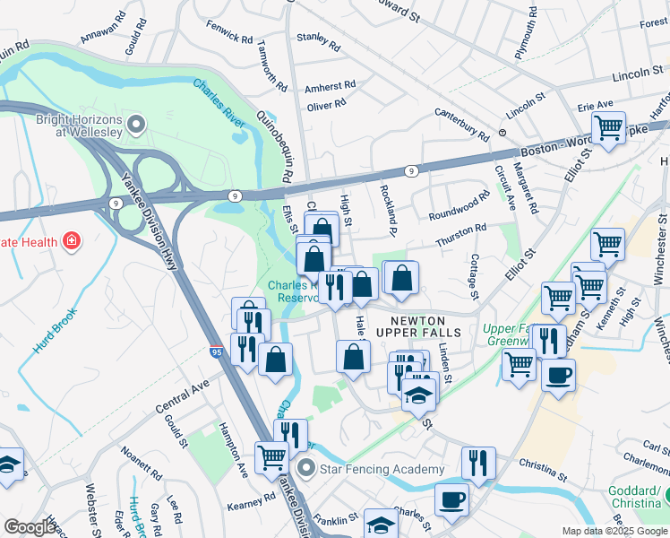 map of restaurants, bars, coffee shops, grocery stores, and more near 1046 Chestnut Street in Newton