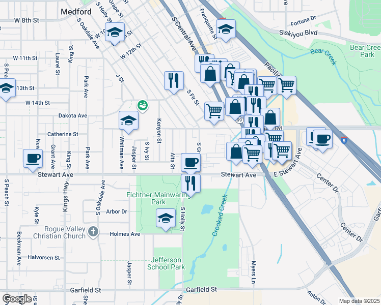 map of restaurants, bars, coffee shops, grocery stores, and more near 943 South Holly Street in Medford