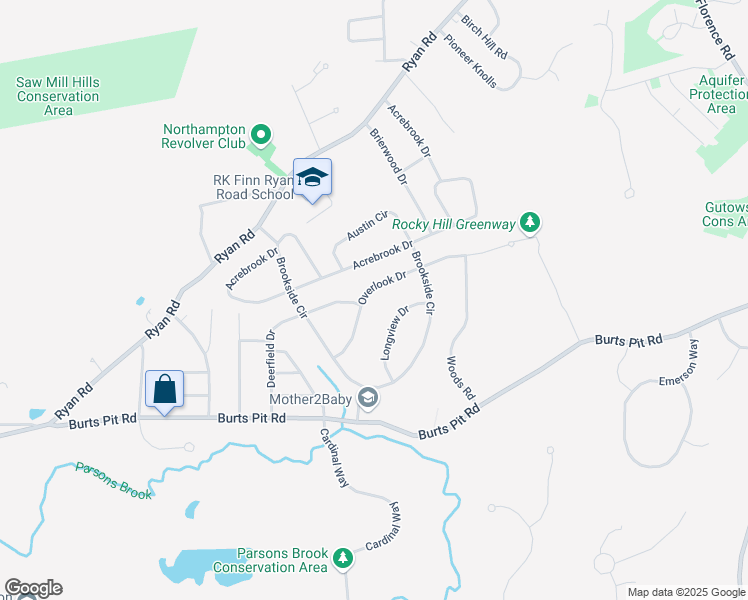 map of restaurants, bars, coffee shops, grocery stores, and more near 61 Overlook Drive in Northampton