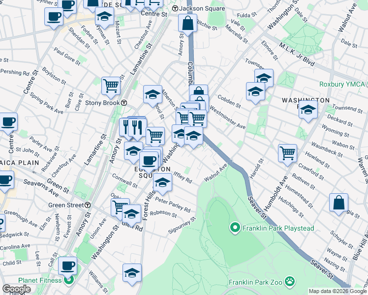 map of restaurants, bars, coffee shops, grocery stores, and more near School Street & Weld Avenue in Boston