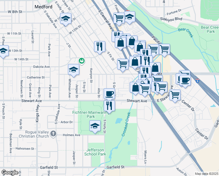 map of restaurants, bars, coffee shops, grocery stores, and more near 941 South Holly Street in Medford