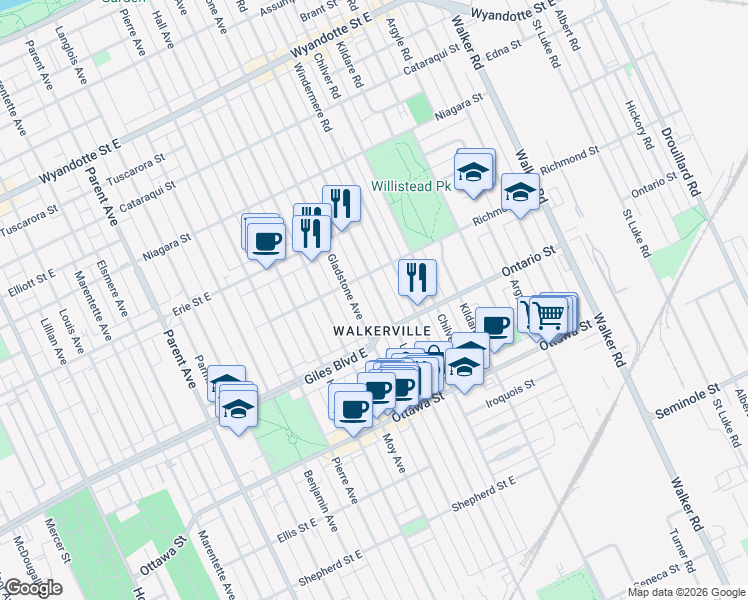 map of restaurants, bars, coffee shops, grocery stores, and more near in Windsor