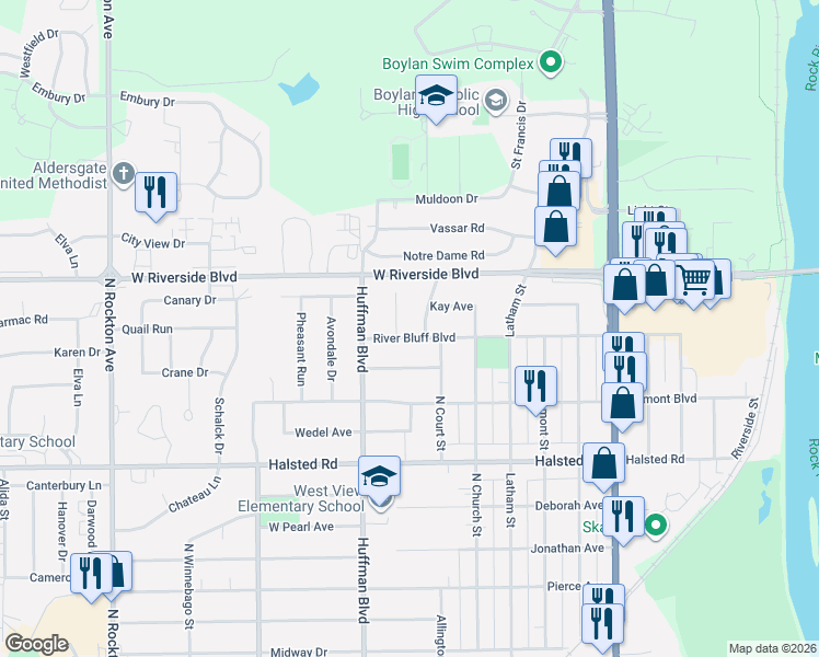 map of restaurants, bars, coffee shops, grocery stores, and more near 1619 Constitution Place in Rockford