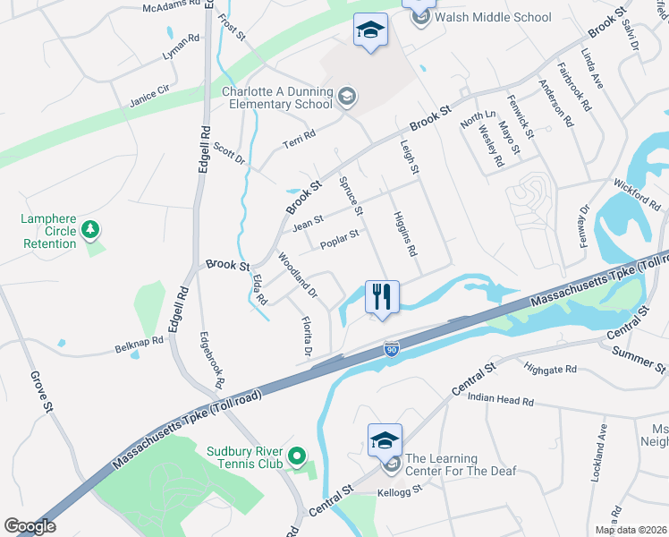 map of restaurants, bars, coffee shops, grocery stores, and more near 62 Woodland Drive in Framingham