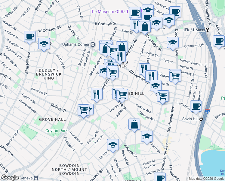 map of restaurants, bars, coffee shops, grocery stores, and more near 14 Upham Avenue in Boston