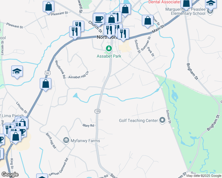 map of restaurants, bars, coffee shops, grocery stores, and more near 12 Assabet Drive in Northborough