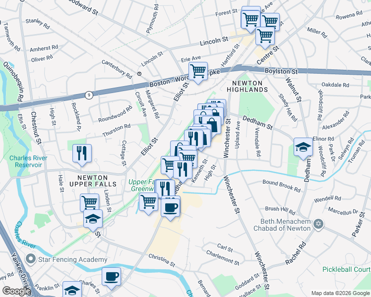 map of restaurants, bars, coffee shops, grocery stores, and more near 99 Needham Street in Newton