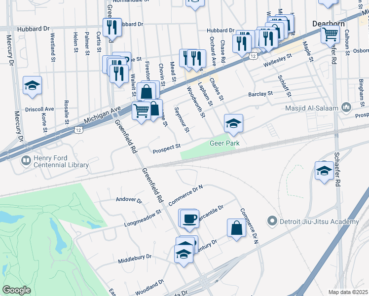 map of restaurants, bars, coffee shops, grocery stores, and more near 15105 Prospect Street in Dearborn