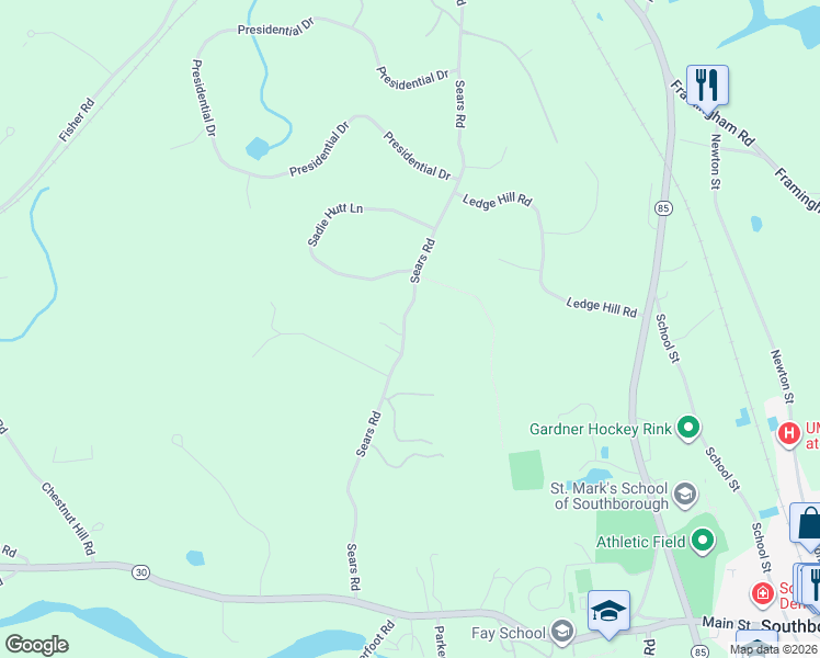 map of restaurants, bars, coffee shops, grocery stores, and more near 51 Sears Road in Southborough