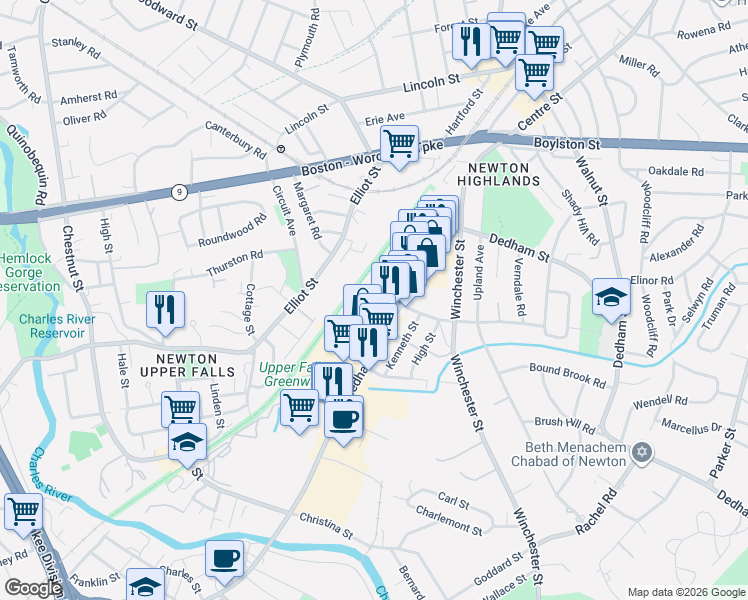 map of restaurants, bars, coffee shops, grocery stores, and more near 99 Needham Street in Newton