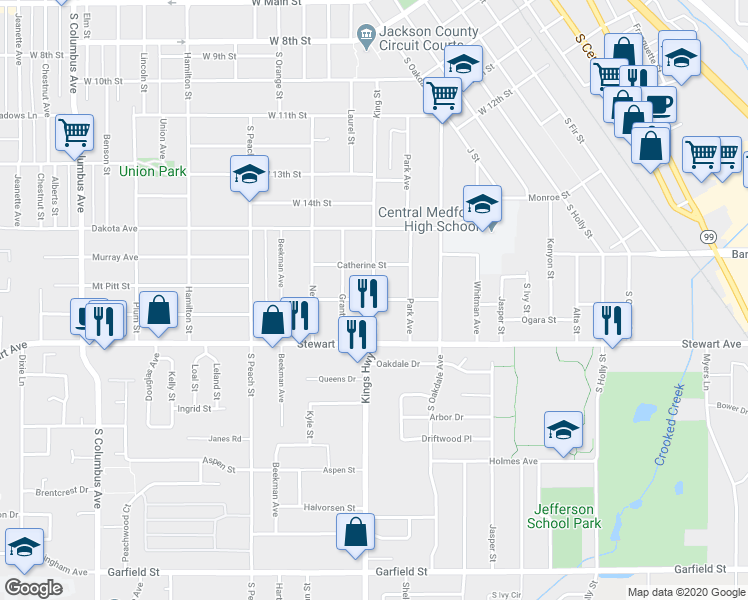 map of restaurants, bars, coffee shops, grocery stores, and more near 901 King Street in Medford