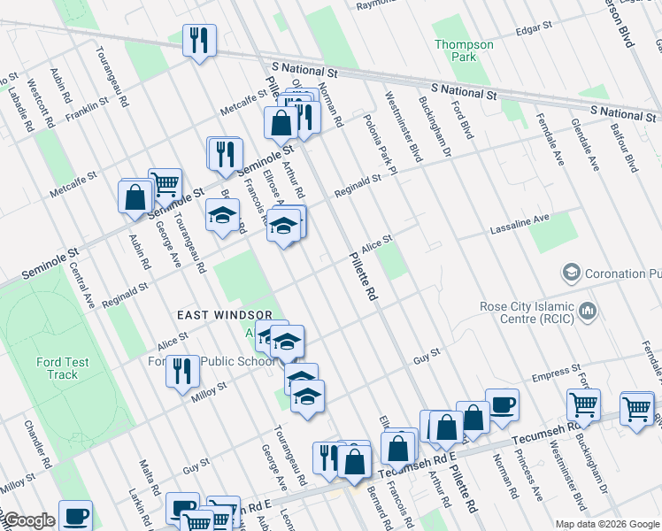 map of restaurants, bars, coffee shops, grocery stores, and more near 20 Alice Street in Windsor