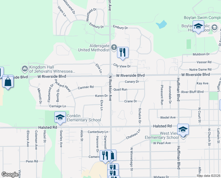 map of restaurants, bars, coffee shops, grocery stores, and more near 3627 North Rockton Avenue in Rockford