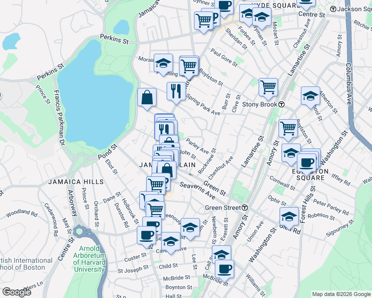 map of restaurants, bars, coffee shops, grocery stores, and more near 3 Parley Vale in Boston