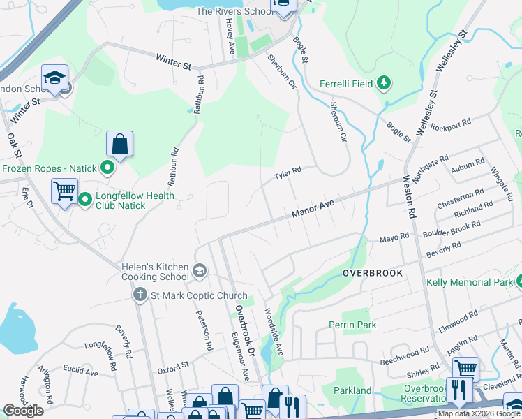 map of restaurants, bars, coffee shops, grocery stores, and more near 24 Oakdale Avenue in Weston