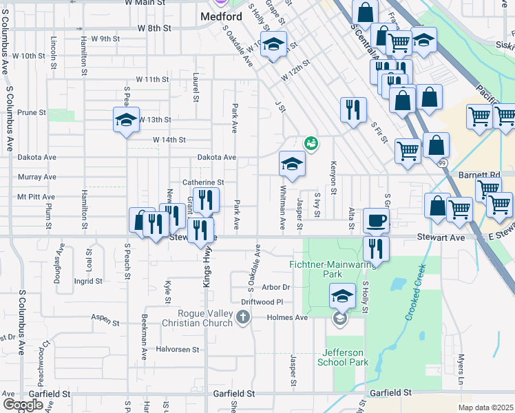 map of restaurants, bars, coffee shops, grocery stores, and more near South Oakdale Avenue in Medford