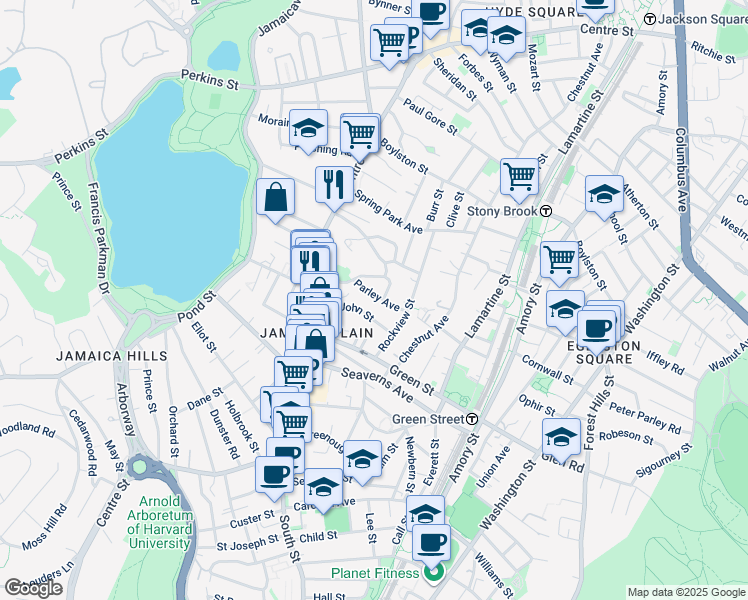 map of restaurants, bars, coffee shops, grocery stores, and more near 35 Parley Avenue in Boston