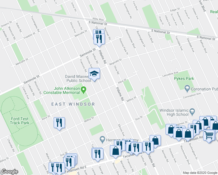 map of restaurants, bars, coffee shops, grocery stores, and more near Arthur Road in Windsor