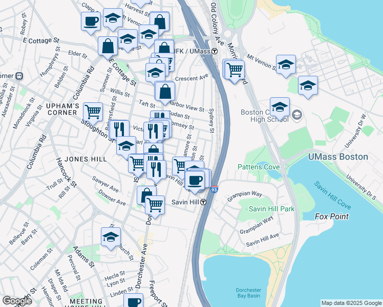 map of restaurants, bars, coffee shops, grocery stores, and more near 39 Belfort Street in Boston