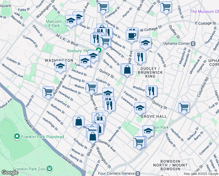 map of restaurants, bars, coffee shops, grocery stores, and more near 5 Holborn Park in Boston