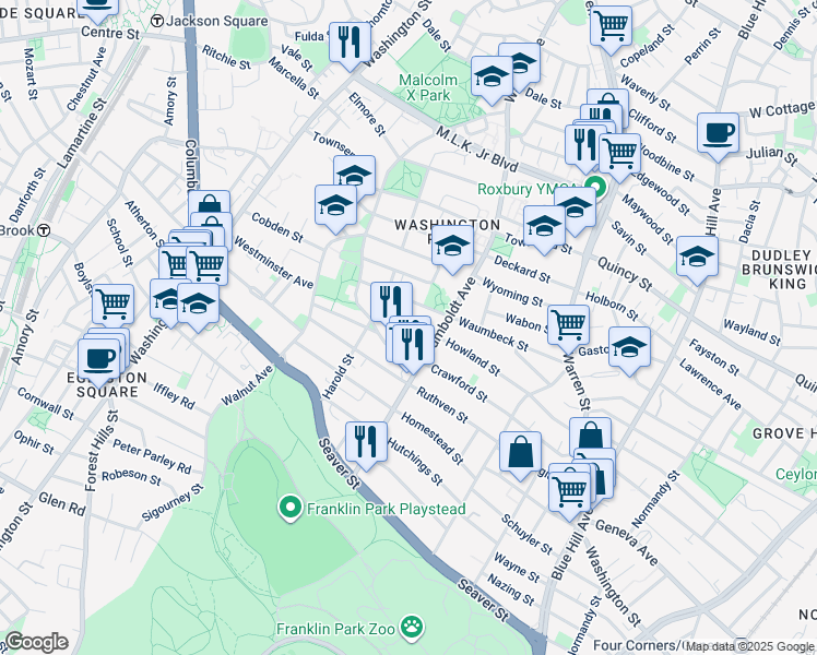 map of restaurants, bars, coffee shops, grocery stores, and more near 77 Waumbeck Street in Boston