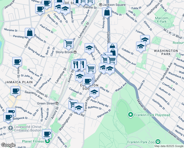 map of restaurants, bars, coffee shops, grocery stores, and more near 16 Dalrymple Street in Boston