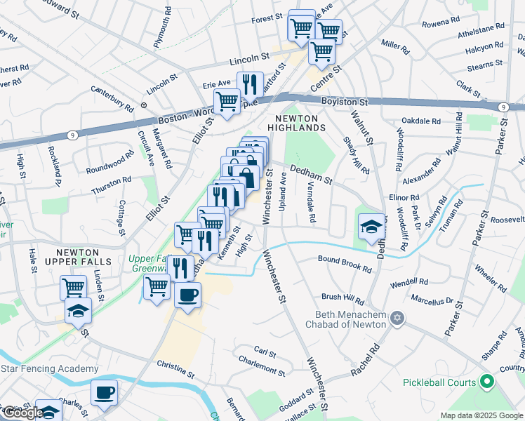 map of restaurants, bars, coffee shops, grocery stores, and more near 147 Winchester Street in Newton