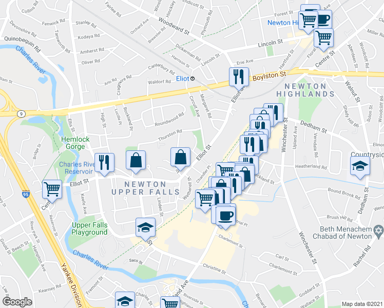map of restaurants, bars, coffee shops, grocery stores, and more near 16 Columbia Avenue in Newton