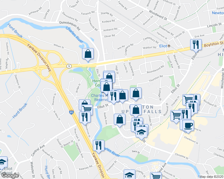 map of restaurants, bars, coffee shops, grocery stores, and more near 13 Winter Street in Newton