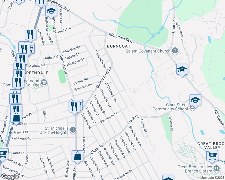 map of restaurants, bars, coffee shops, grocery stores, and more near 55 Oneida Avenue in Worcester