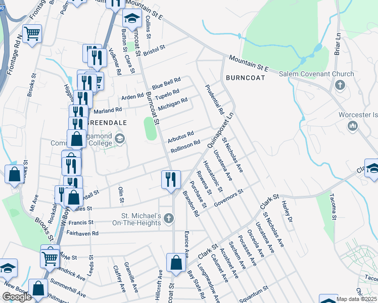 map of restaurants, bars, coffee shops, grocery stores, and more near 16 Arbutus Road in Worcester