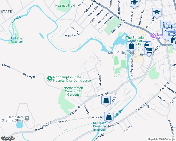 map of restaurants, bars, coffee shops, grocery stores, and more near 15 Higgins Way in Northampton