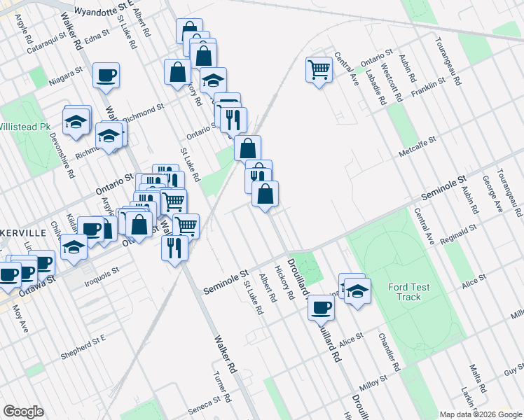 map of restaurants, bars, coffee shops, grocery stores, and more near 1351 Drouillard Road in Windsor