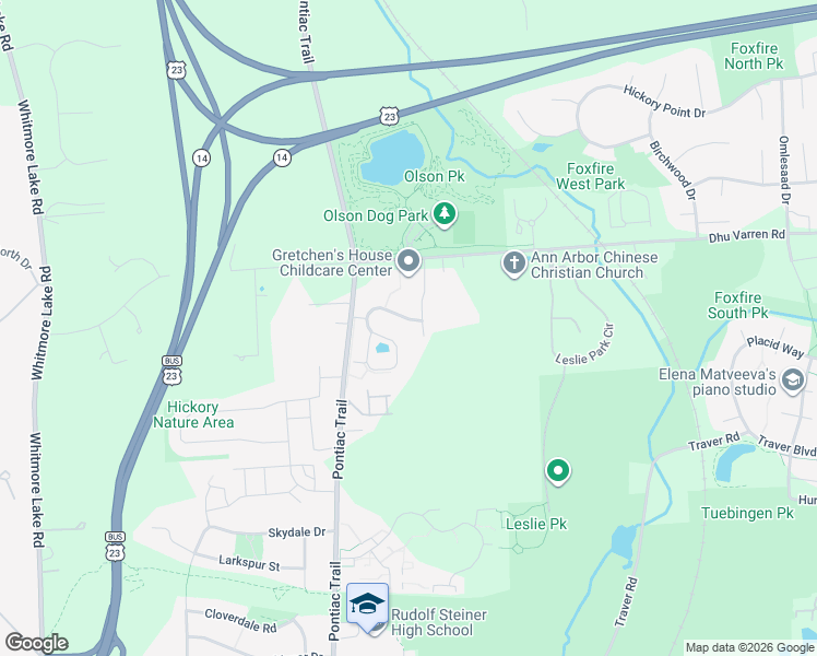 map of restaurants, bars, coffee shops, grocery stores, and more near 2964 Hunley Drive in Ann Arbor