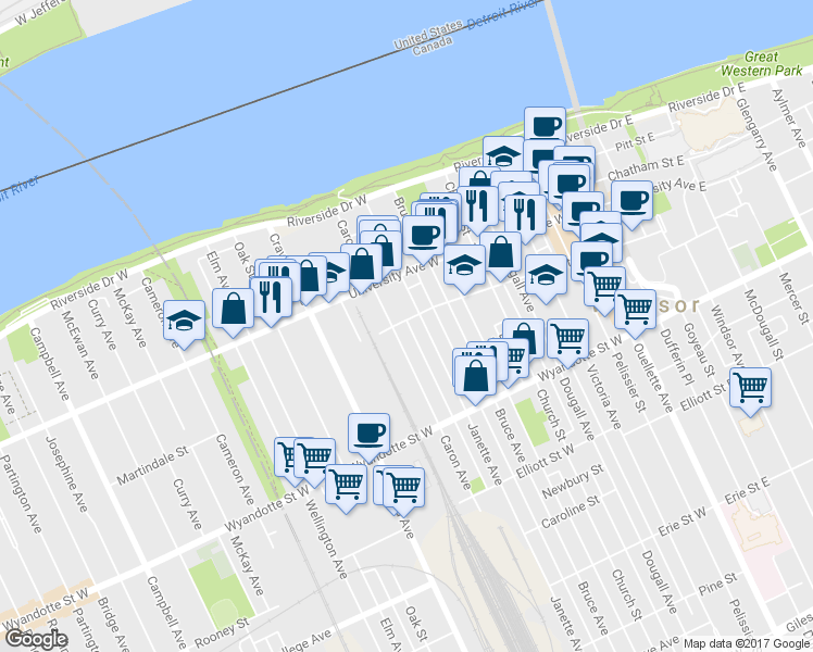 map of restaurants, bars, coffee shops, grocery stores, and more near 653 Park Street West in Windsor