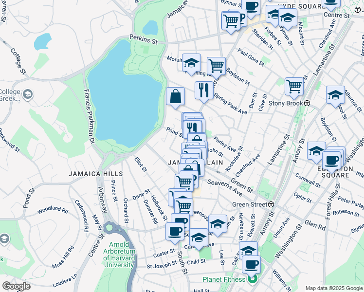 map of restaurants, bars, coffee shops, grocery stores, and more near 21 Pond Street in Boston
