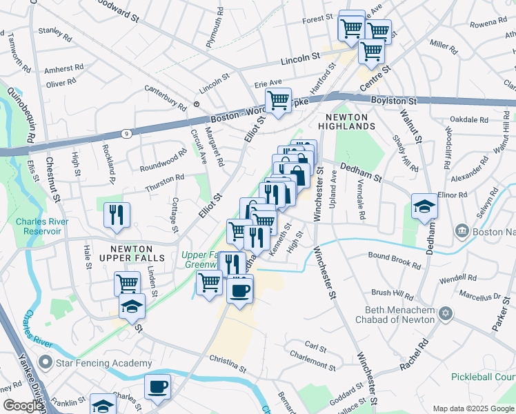 map of restaurants, bars, coffee shops, grocery stores, and more near 99 Needham Street in Newton
