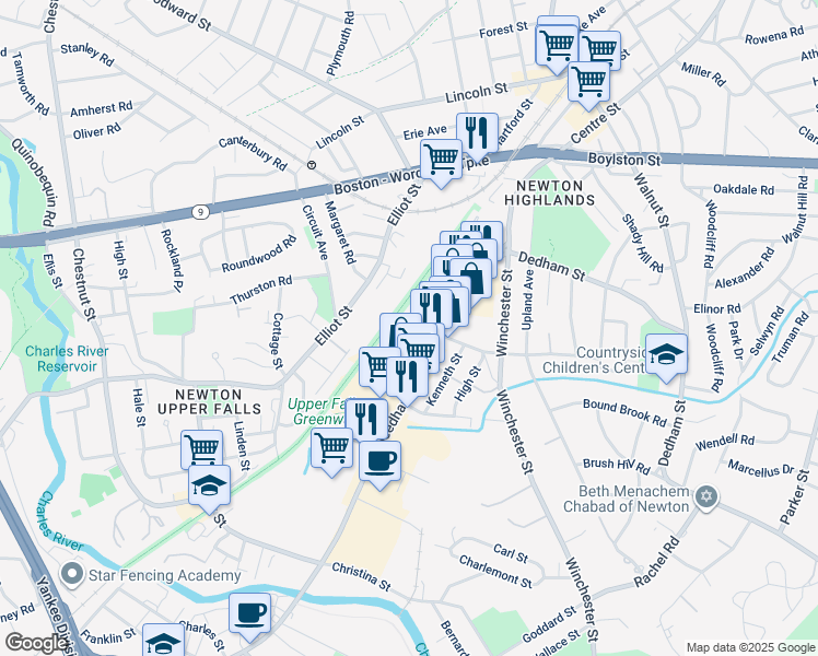 map of restaurants, bars, coffee shops, grocery stores, and more near 99 Needham Street in Newton
