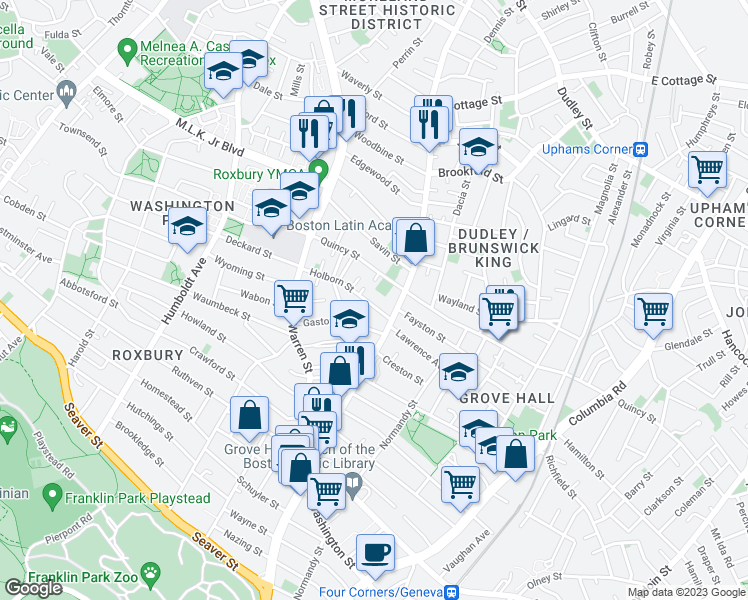 map of restaurants, bars, coffee shops, grocery stores, and more near 40 Holborn Street in Boston
